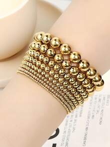 1pc Fashionable & Elegant Stainless Steel Beaded Elastic Bracelet, Round Bead Bracelet For Women, Suitable For Everyday And Holiday Wear, Gift For Friends And Family - Yellow Gold - View 3