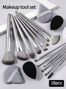 14pcs Makeup Brush Set Including Powder Brush, Blush Brush, Foundation Brush, Eyeshadow Brush, Blending Brush, Contour Brush, Portable Soft Makeup Tool&2pcs Wet Wet Dual Use Makeup Egg&2pcs Triangle Sponge Makeup Powder Puff