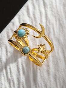 Elegant Adjustable Stainless Steel Ring With Turquoise Inlay - Star, Moon & Sun Design For Women Perfect For Weddings, Parties & Everyday Chic