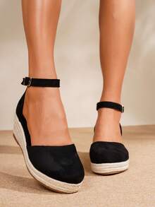 Damen minimalistische Knöchelriemen Espadrilles, schwarze Velours gewebte Stroh Slip-On Plateau Sandalen mit Seilsohle, bohemien Keil Schuhe für Strand, Hochzeit, Outdoor, Ganzjährig - Schwarz - Übersicht 5