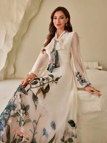 女士花卉印花灯笼袖连衣裙，配腰带，优雅 - 白色 - 查看 6