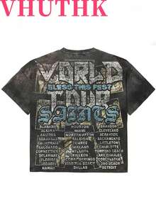 VHUTHK Double Sided Printing (220 Pure Cotton T-Shirt) 'WDRLD' Letter And Portrait Printing For Men's Summer Round Neck Short Sleeved Casual Pure Cotton Printing - 黑色 - 查看 3