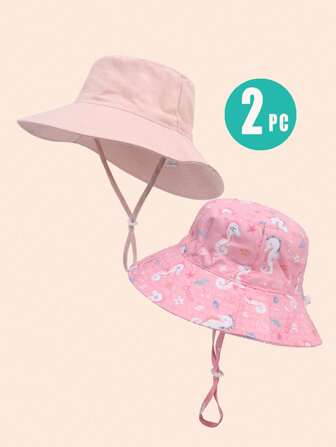 2pcs Kids Sun Hat, Breathable Beach Cap For Boys & Girls, Morans Color Bucket Hat, Seahorse Decor