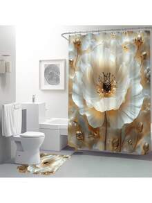1pc/4pcs Premium 3D Embossed Floral Bathroom Curtain & Mat Set, Modern Minimalist Shower Curtain 70.8x70.8in With 12 Hooks, Non-Slip Bath Mat, U-Shaped Toilet Lid Cover, Bathroom Decor, Bath Accessories, Home Furnishing Christmas Decor