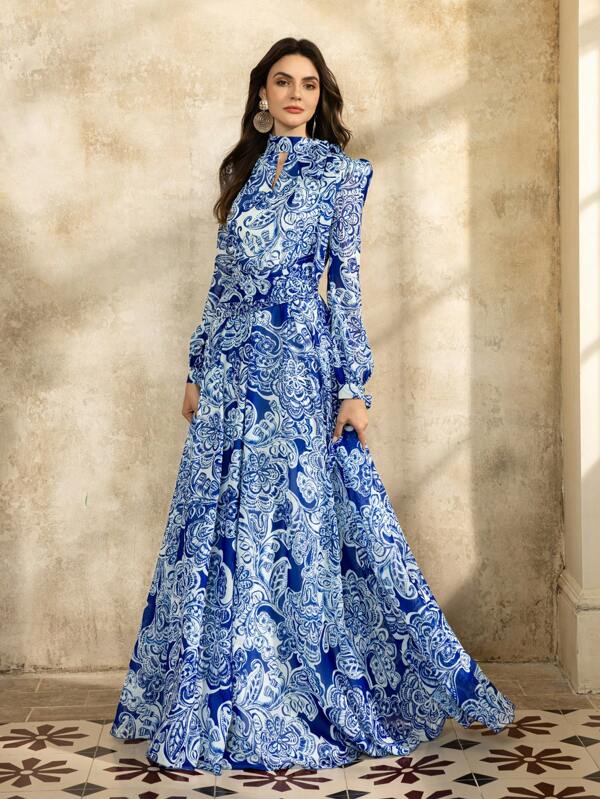 Faeriesty Faeriesty Printing Elegant Chiffon Printed A-Line Dress With Tie-Detail Collar & Lantern Sleeve Ties | Summer Party Gown For Casual Fridays Or Formal Events