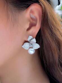 1 Pair Vivid Geometric Leaf & Flower Shaped White Cubic Zirconia Thick Dangle Drop Big Wedding Engagement Pearl Earrings For Women, Luxury Pageant Jewelry Accessories - White - View 6