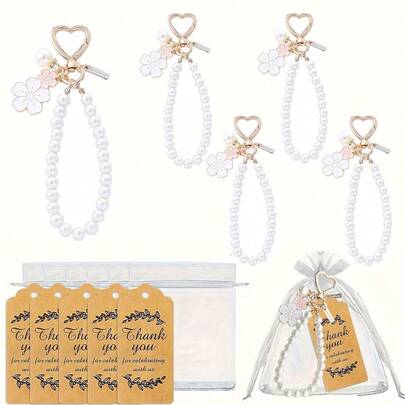 15 sztuk/zestaw Kwiatowy wzór Perłowy brelok ze stopu metali Podwójny kwiatek ze stopu metali Brelok wisiorek Uroczy mały biały kwiatek List Perłowe akcesoria Zestaw słuchawkowy Torba wisiorek brelok (5 sztuk Kwiatowy perłowy brelok i 5 sztuk Podziękowania etykiety i 5 sztuk Organza torby)