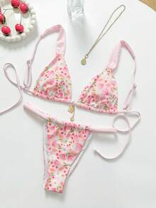 New Soft Ditsy Floral Adjustable Straps Backless Sexy Party Bikini Set, Elegant Women's Summer Beach Fashion Swimwear, Suitable For Beach Holiday And Pool Party