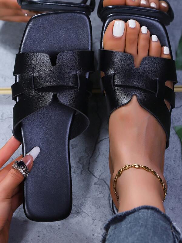 Women's Square Toe Fashion Slippers, Beach Solid Color Bohemian PU Leather Hollow Cross Strap Ladies Flat Sandals, Beach Party Wedding Office Home Outdoor Summer