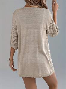 Women's Hollow Out Short Sleeve Knitted Cardigan, Resort Beach Cover Up Thin Jacket, Summer - Khaki - View 2