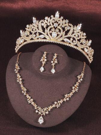 1 set gouden bruidsaccessoires inclusief strass-kroon, ketting en oorbellen, 4-delige bruidssieradenset, geschikt voor trouwjurk, bruiloftsfeest, gala