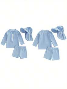Traje de baño Rash Guard para niño pequeño con estampado de rayas, manga larga, cuello alto, pantalones cortos y gorro de baño. - Azul - Ver 10