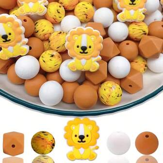 5/25pcs Cute Lion/Tiger/Elephant/Zebra/Giraffe Silicone Bead Set - Animal Themed, Mixed Colors With Hexagon And Round Beads, For DIY Jewelry, Keychain, Bracelet Making Kits, Silicone Character Beads