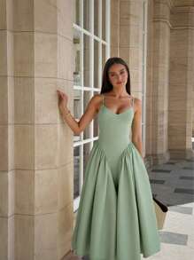 Vestido casual y elegante de verano/primavera con unicolor, pliegues en la espalda y lazo