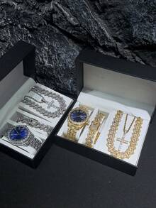 4pcs/Set Men's Watch And Hip Hop Cuban Link Necklace Bracelet Set (No Gift Box) - A - View 5