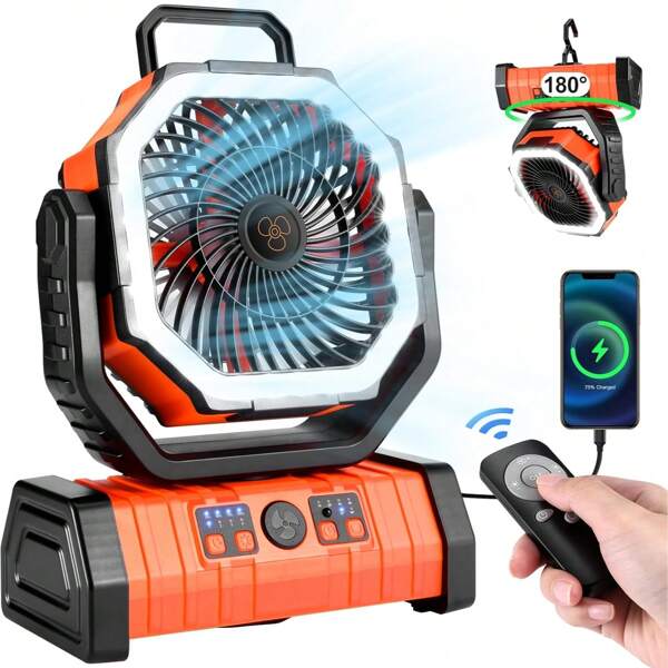 Ventilador recargable, ventilador con batería para acampar con gancho y luces LED brillantes, temporizador remoto con oscilación automática, ventilador inalámbrico para exteriores para cortes de energía, picnics, barbacoas, viajes, hogar y actividades al aire libre. Corte de energía, picnic, BBQ, pesca, viajes, lugar de trabajo, hogar