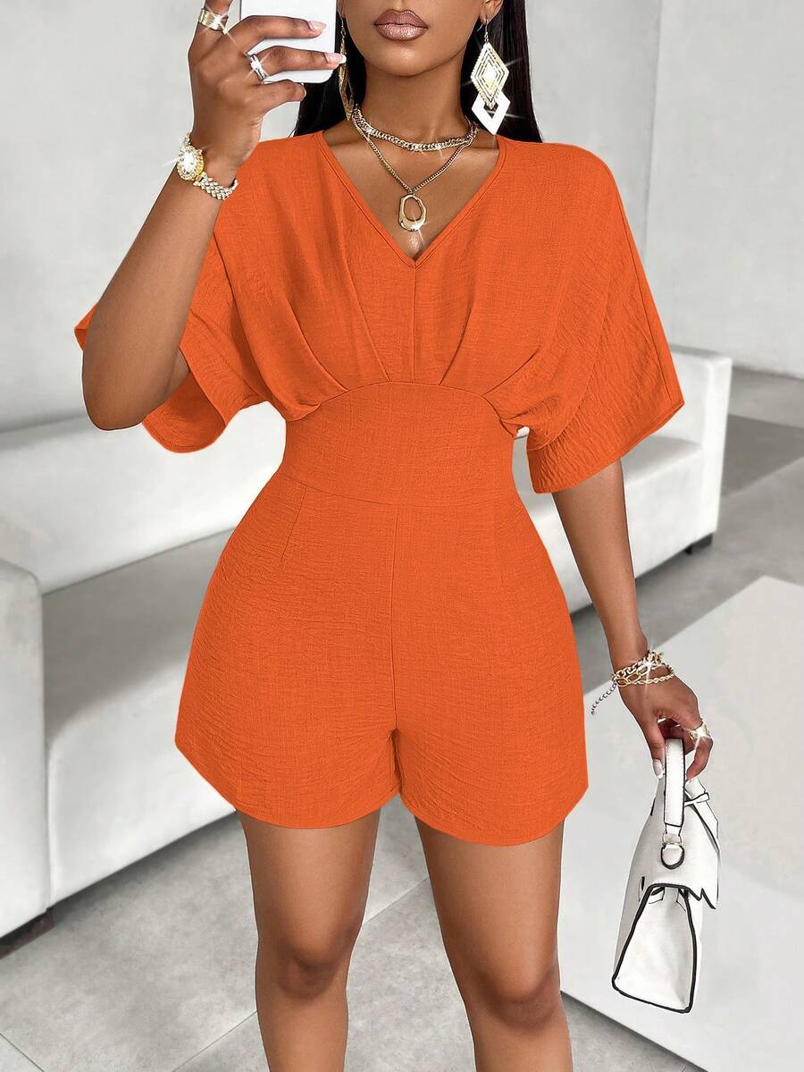 Women's Summer Fashion Elegant Commuter Solid Color V-Neck Bat Short Sleeve Pinched Pleated Casual Jumpsuit