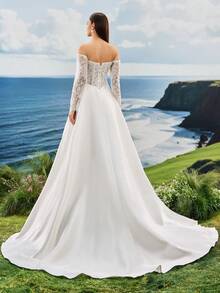 Vestido de novia de línea A de manga larga con hombros descubiertos y encaje blanco, elegante vestido de novia - Blanco - Ver 3