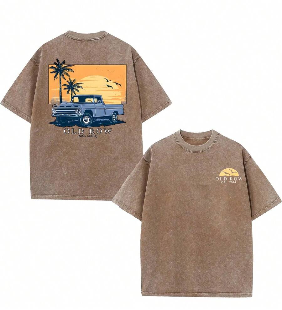 GLEC OLD ROW, A Must-Have For Summer Carnivals, Classic Retro Fashion Vintage Car, Seagull, Coconut Tree, Sunset, Popular Letter Pattern Print Premium 230g Washed Cotton T-Shirt, 100% Washed Pure Cotton, Retro Street Style, Versatile, Men's Summer High-Quality Printed Cotton Retro Fashion Brand Loose Soft Comfortable Casual Multi-Color T-Shirt, Unisex, Suitable For Spring And Summer Outdoor Wear, With A Certain Thickness, Suitable For Parties, Daily Wear And Outdoor, Friends' Gifts, Back-To-School Gifts, Vacation Essentials, New Year's Gifts, St. Patrick's Day Gifts, Spring Gifts. - 咖啡棕 - 查看 1
