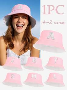 1pc Women's Fashionable 26 Pearl Letter Bucket Hat, Versatile Outdoor Sun Hat, Suitable For Spring & Summer Daily Wear, Outdoor Camping, Hiking, Street Style Matching, Great Gift - Pink - View 1