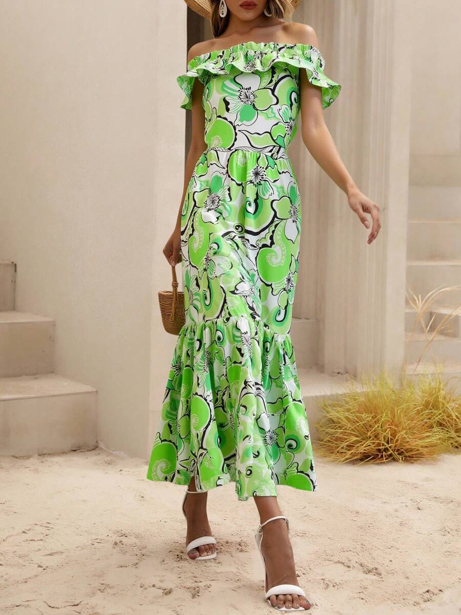 Vestido de mujer sin tirantes con espalda descubierta y estampado de hojas y plantas, estilo bohemio, elegante, con dobladillo fruncido y volantes. - Verde - Ver 1