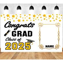 1 pièce Décoration de fête de remise des diplômes DIY - Arrière-plan de photographie de remise des diplômes de la classe 2025 Mortier de bachelier noir et or, ballon, banderole de félicitations pour la remise des diplômes, arrière-plan