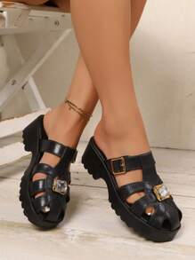 Damen Sandalen mit dicker Sohle, offener Zehenpartie, Strass-Verzierung, atmungsaktiv, Lässig, retro, Plateausohle, mit Schnalle, für den Sommer