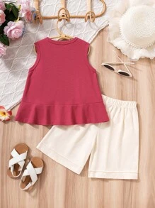 2pcs/Set Girls Solid Color Pleated Sleeveless Top & Wide Leg Pants Outfit, Minimalist & Fashionable, Suitable For 4-7 Years Old Girls