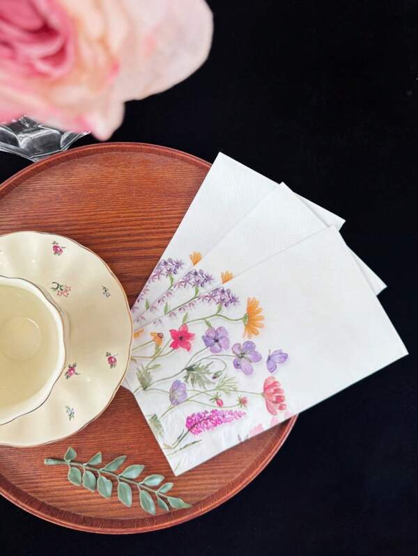 20pcs/Set Spring Watercolor Floral Printed Napkins, 13x15.7in, Disposable Birthday Wedding Party Decor Tissue, Home Restaurant Dinner Table Cloth, Party Supplies