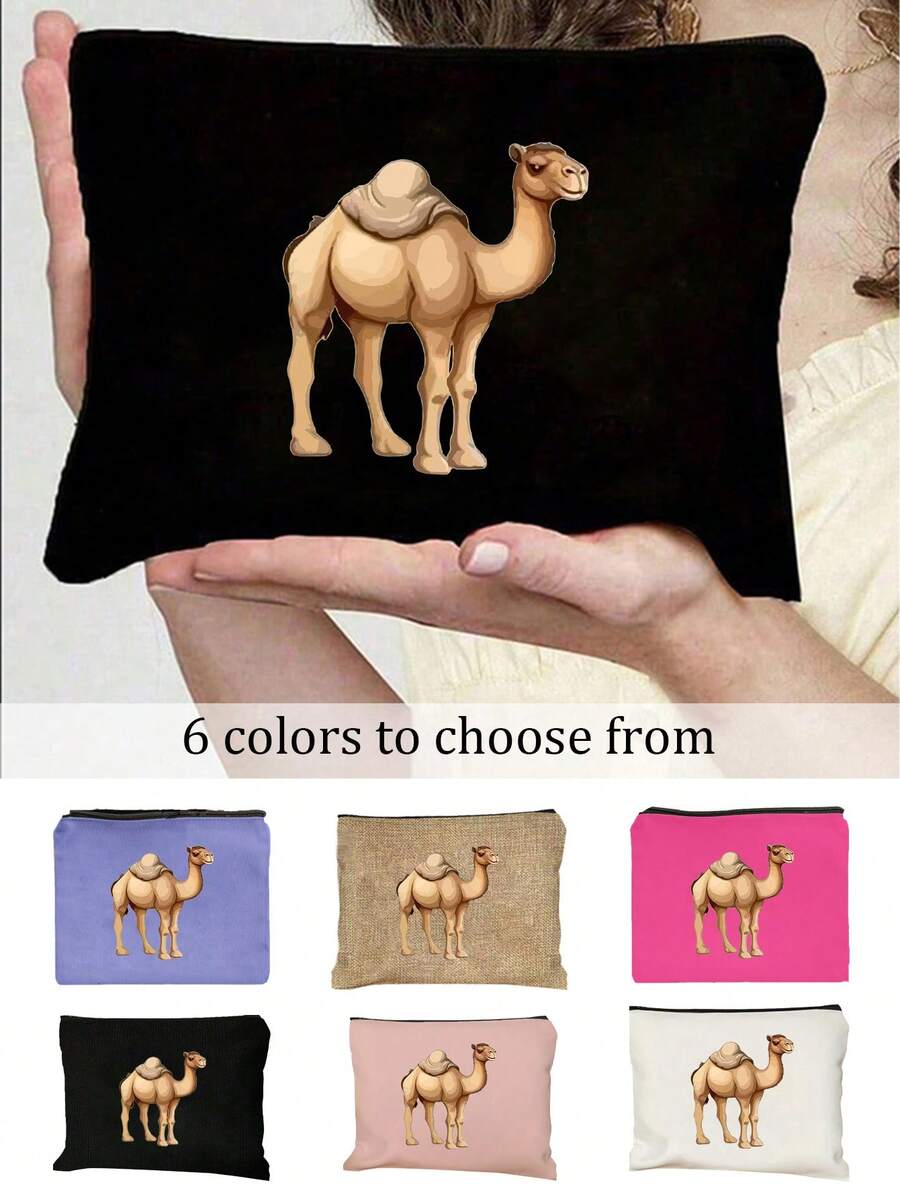 1pc Camel Themed Printed Zipper Makeup Bag, Large Capacity Cosmetic Bag, Skincare Products Storage Pouch, Travel Makeup Bag, Solid Color Zipper Pouch, Suitable For Wedding, Vacation, Makeup, Skincare Storage, Gift Giving, Travel Essential, Back To School, Student Stationery Bag, Travel Bag, Women Travel Cosmetic Bag - Multicolor - View 1