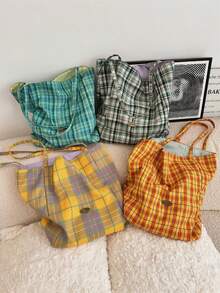 New Arrival Large Capacity Minimalist Double-Sided Reversible Checkered Canvas Tote Shoulder Bag Lightweight Commuter - Yellow - View 1