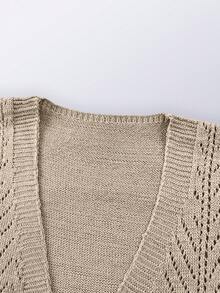 Women's Hollow Out Short Sleeve Knitted Cardigan, Resort Beach Cover Up Thin Jacket, Summer - Khaki - View 6