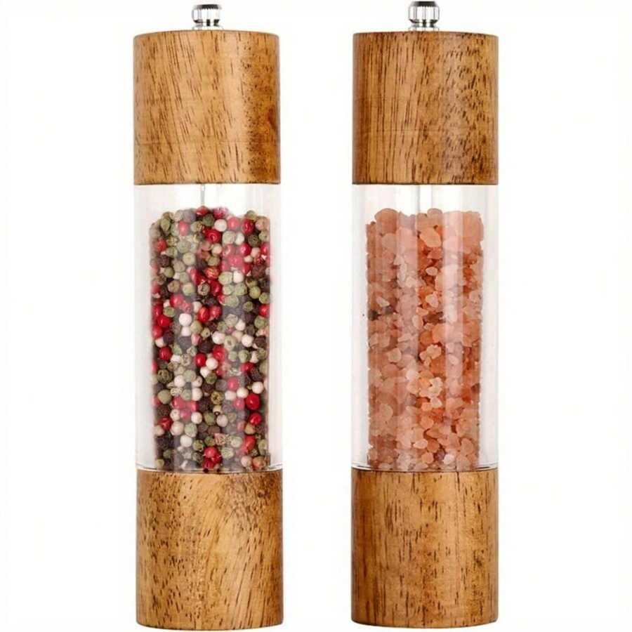 SHEIN X Heather Rae Premium 2-Pack Acrylic Salt And Pepper Mill Set, Manual Wooden Grinders With Adjustable Core - 8-Inch Salt And Pepper Mills Perfect For Birthday Or Christmas Gifts