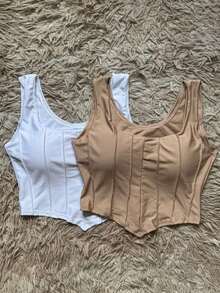 Kit 2 Cropped Top With Women's Bra High Elasticity Suplex Fabric Fashion  Simple Casual Asymmetric Knitted - 白色和米色 - 查看 1