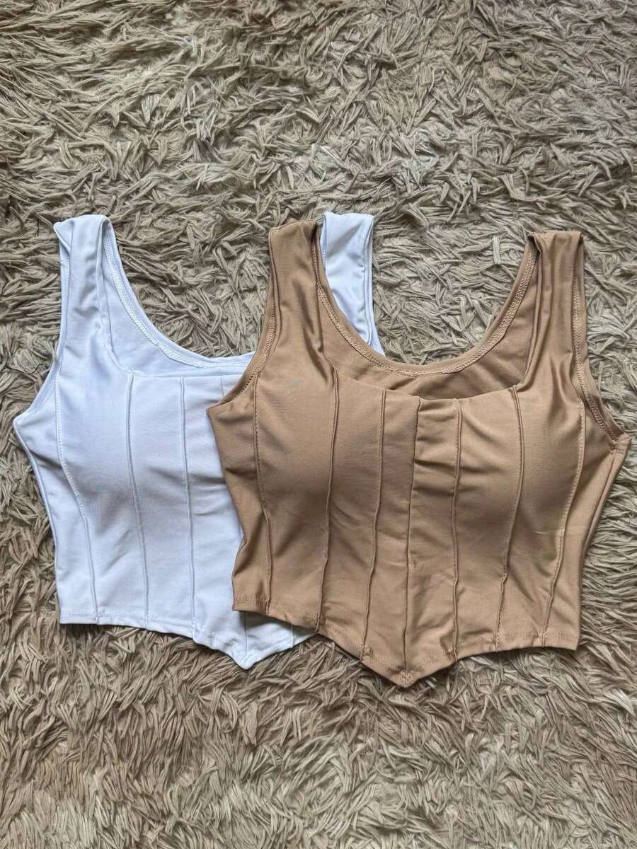 Kit 2 Cropped Top With Women's Bra High Elasticity Suplex Fabric Fashion  Simple Casual Asymmetric Knitted - 白色和米色 - 查看 1