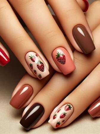 24 件长棺材形假指甲，简约草莓混合设计美甲套装，适合派对、舞会或日常佩戴