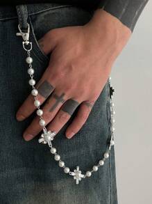 1 Set Sweet Style Pearl & Rhinestone Cross Chain, Rivet Waist Decor Accessories