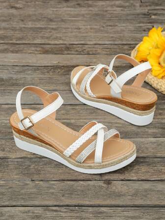 Aijiangluo Women's New Fashion Bright Color Lightweight Versatile Rhinestone Peep Toe Thick Bottom Sandals, Summer Holiday Style Braided Strap Woven Decor Wedge Sandals Suitable For Dates, Shopping, Commuting, Parties, Beach