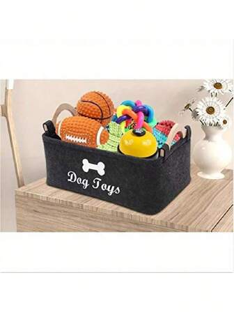 1pc Foldable, , Spacious, Easy To Clean, With Wooden Handle, Felt Pet Toy Box, Dog Toy, Storage Basket Box Organizer, Dog Toy Storage Box, Pet Supplies Storage Basket/Box Children's Toy Box Storage Box Suitable For Very Su For Organizing Toys Clothes Gifts, Blankets, Leashes, Puppy Clothes And Food, Home Neat Pet Friendly