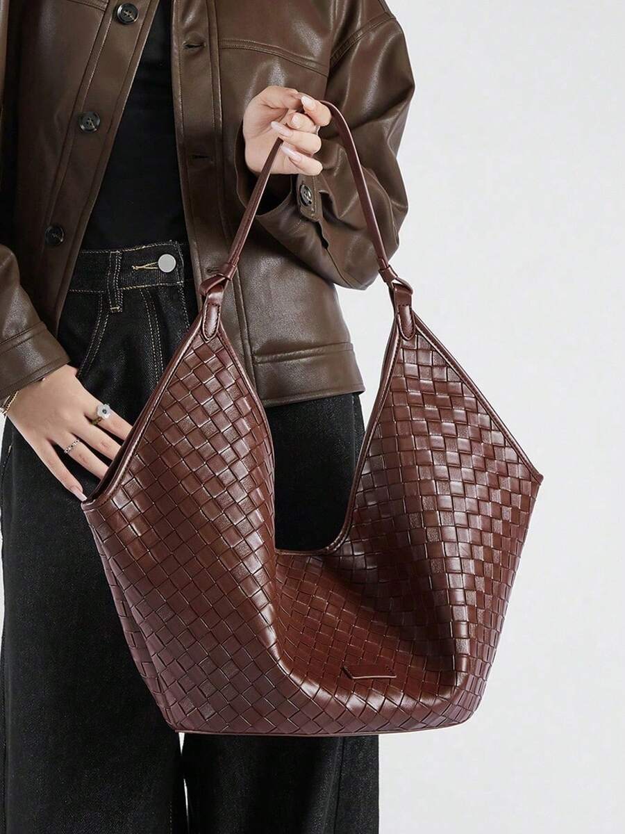 New Premium Leather Large Capacity Tote - Fashionable Cowhide Woven Texture, Perfect For School And Commute Makeup Bag Backpack Women