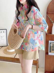 YUXIN [Spring/Summer ] Women's Colorful Castle Print Short - Sleeve Shirt, Loose Lapel Design, Breathable And Comfortable, Suitable For Daily And Vacation, Multiple Matching Options