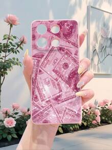 1pc Banknote Pattern Pink Edge Matte Lens Protection Anti-Fall Phone Case Compatible With Samsung//Redmi/VIVO/OPPO