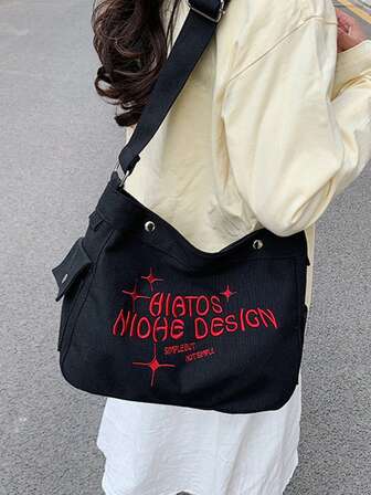 Large Hobo Bag Letter Graphic Embroidered Detail School Bag For Graduate, Teen Girls, Freshman, Sophomore, Junior & Senior In College, University & High School, Perfect For Outdoors ,Travel & Back To School