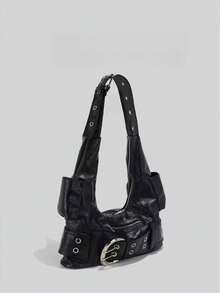 New Fashion Versatile Daily Solid Color Pleated Rivet Retro Punk Style Single Shoulder Bag Handbag Large Capacity Casual Niche Single Shoulder Bag - Black - View 6