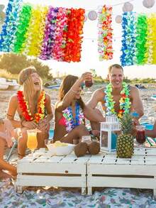 12/20/52件夏威夷花环仿真热带棕榈叶芙蓉花人造植物龟叶夏威夷夏威夷罗丛林婚礼夏日派对餐桌装饰（花环和花朵颜色随机）情人节礼物