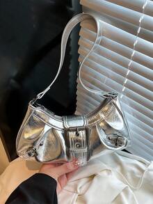 1pc Women's Vintage Biker/Motorcycle Punk Style Rivet Decor Adjustable Strap High Capacity Soft Faux Oil Wax Gradient Color Leather Crossbody/Underarm Bag, Suitable For Work, Commute, Date, Party - Silver - View 3