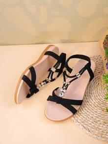 1 Pair Elastic Buckle Decor Flat Sandals For Teenage Girls, Casual Daily Wear - Black - View 3