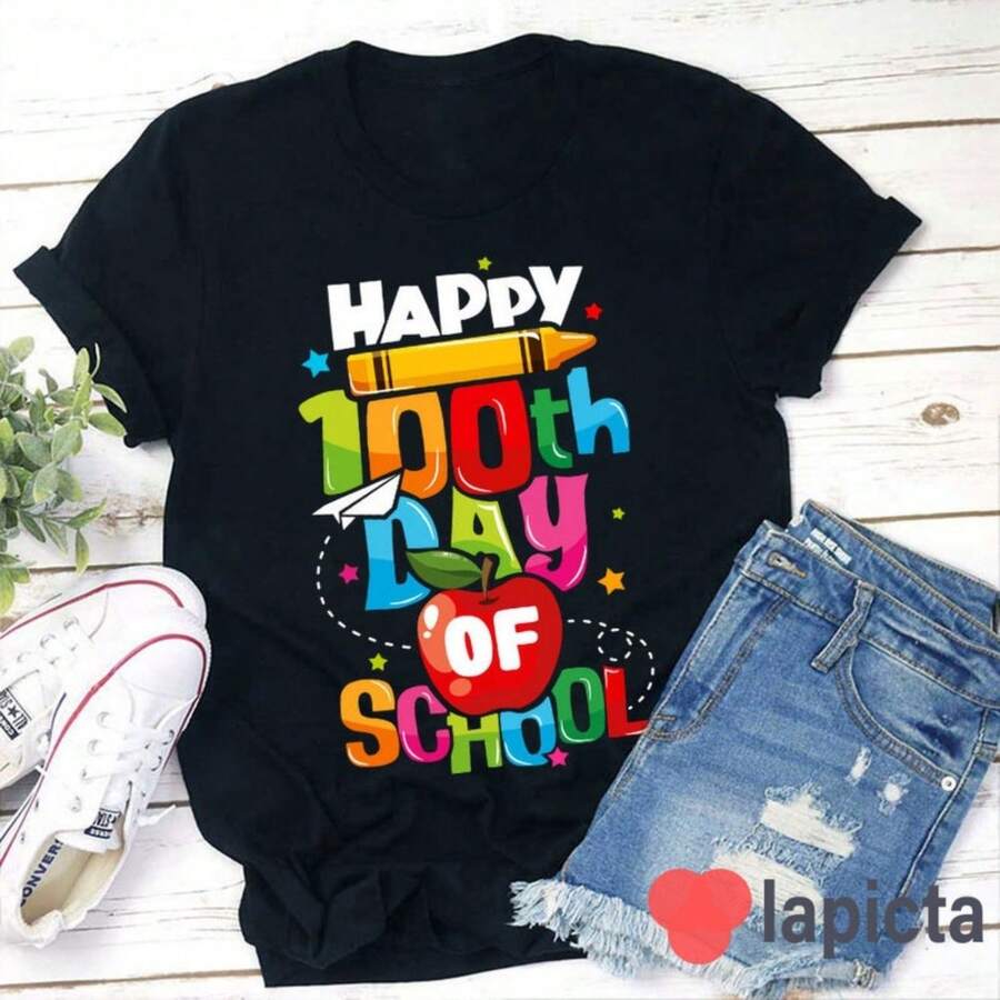 Happy 100th Day Of School Teacher T-Shirt, 100 Days Of School Shirt , Kindergarten Shirt, Teacher Shirt, Gift For Teacher - 黑色 - 查看 1