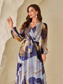 Robe élégante à manches longues en forme de lanterne avec ceinture, col en V, imprimé floral aléatoire et manches bouffantes pour femmes