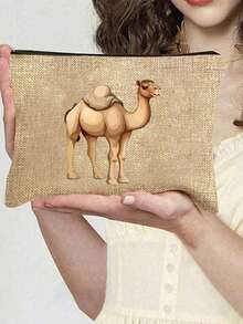 1pc Camel Themed Printed Zipper Makeup Bag, Large Capacity Cosmetic Bag, Skincare Products Storage Pouch, Travel Makeup Bag, Solid Color Zipper Pouch, Suitable For Wedding, Vacation, Makeup, Skincare Storage, Gift Giving, Travel Essential, Back To School, Student Stationery Bag, Travel Bag, Women Travel Cosmetic Bag - Multicolor - View 12